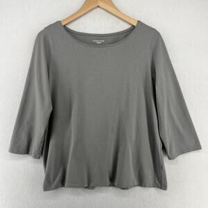 EILEEN FISHER Top L Stretch Organic Cotton Jersey Round Neck 3/4 Sleeve Gray USA